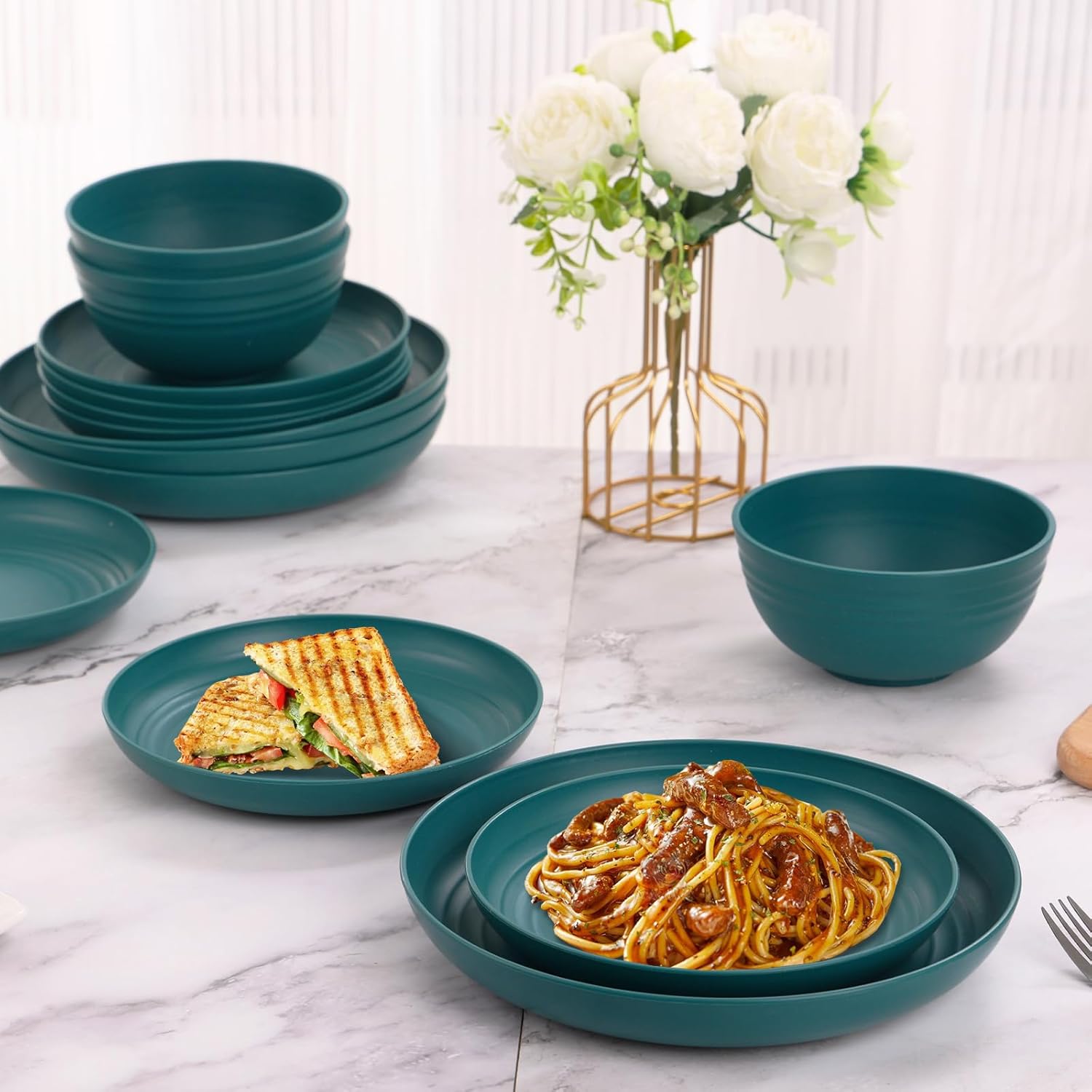 Green Unbreakable Plates and Bowls Sets Microwave and Dishwasher Safe,Dark Green Dinnerware Sets for 8,Christmas Reusable Plastic Dishes Set Lightweight for Kids Elderly Kitchen Adults Camping Outdoor - Image 5