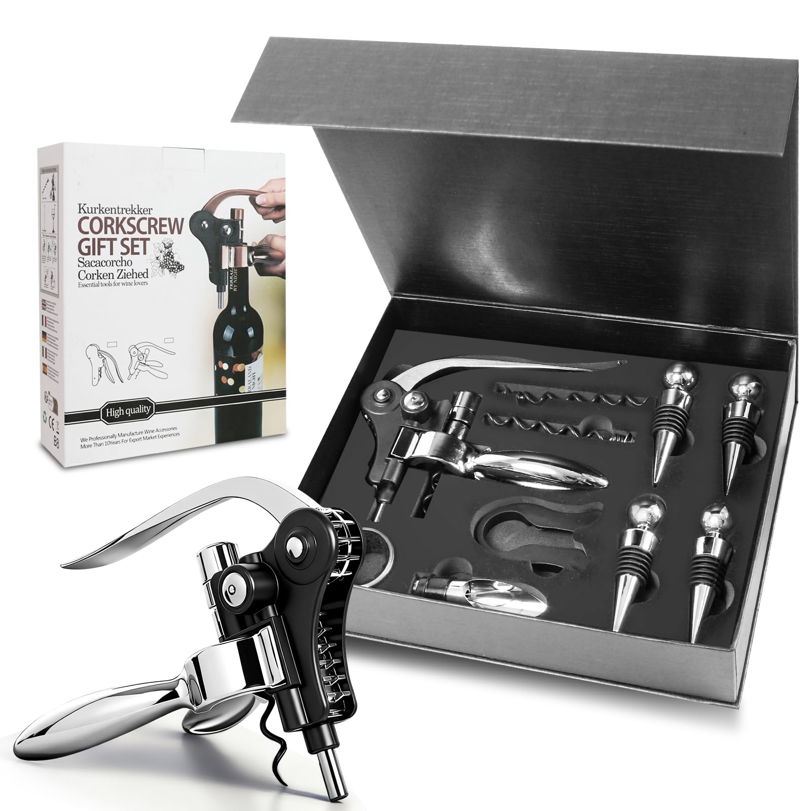 Tire Bouchon, 10 Pièces Ouvre Bouteille de Vin, Ensembles d'accessoires pour Vin avec Coupe-Capsule,Ouvre-Lapin,Anneaux Anti-Goutte,Bouchon,Verseur Vin,Vis sans Fin, pour Cadeaux et Amateurs de Vin