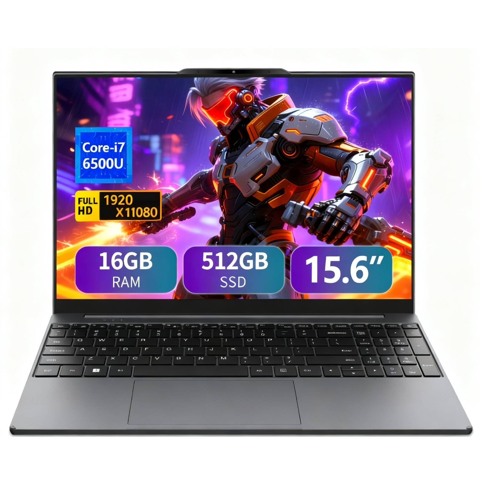 15,6 Pouces Ordinateur Portable Core i7-6500U CPU, 16Go RAM 512 Go SSD, Win 11 PC Portable IPS Écran, Laptop Clavier Rétroéclairé,Type-C,Wi-FI 5, USB 3.0, Mini HDMI,TF, 5000mAh