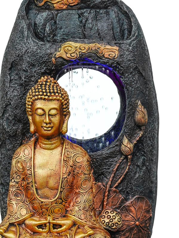 Image of Golden Brown Polyresin Tabletop Buddha Indoor Water Fountain for Home Decor with LED, Speed Control Pump (Size: 37 x 28 x 56 CM | Weight: 2910Gram)
