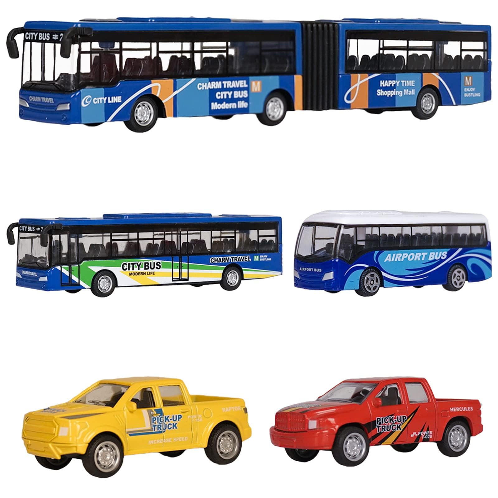 VBACALA Juego de 5 Autobuses de Juguete con Función Pull Back,Incluye Autobús Urbano, Aeropuerto, Articulado y 2 Camionetas,Juguetes para Niños +3 Años, Regalo Ideal para Navidad y Cumpleaños