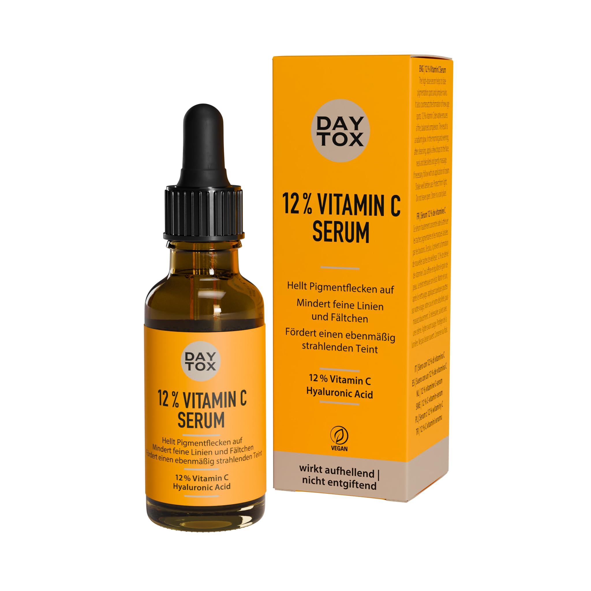 DAYTOX - Vitamin C Serum, Gesichts-Serum mit 12% Vitamin C, Tagespflege mit Sofort-Effekt für strahlenden & ebenmäßigen Teint - Vegan, Ohne Silikone, Made in Germany - 30 ml