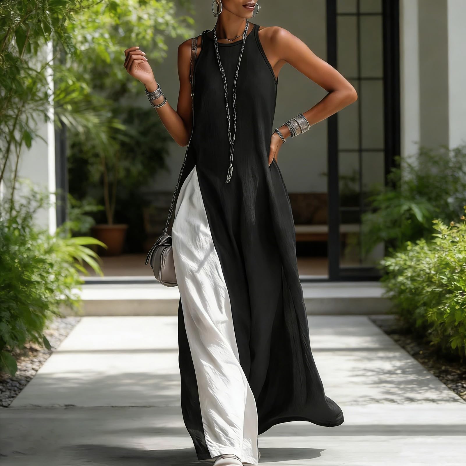 Maxi abito estivo da donna, senza maniche, girocollo, con spacco laterale, con tasche, casual, spiaggia, vacanze, uso quotidiano, leggero, morbido, vestibilità larga, comodo, da donna