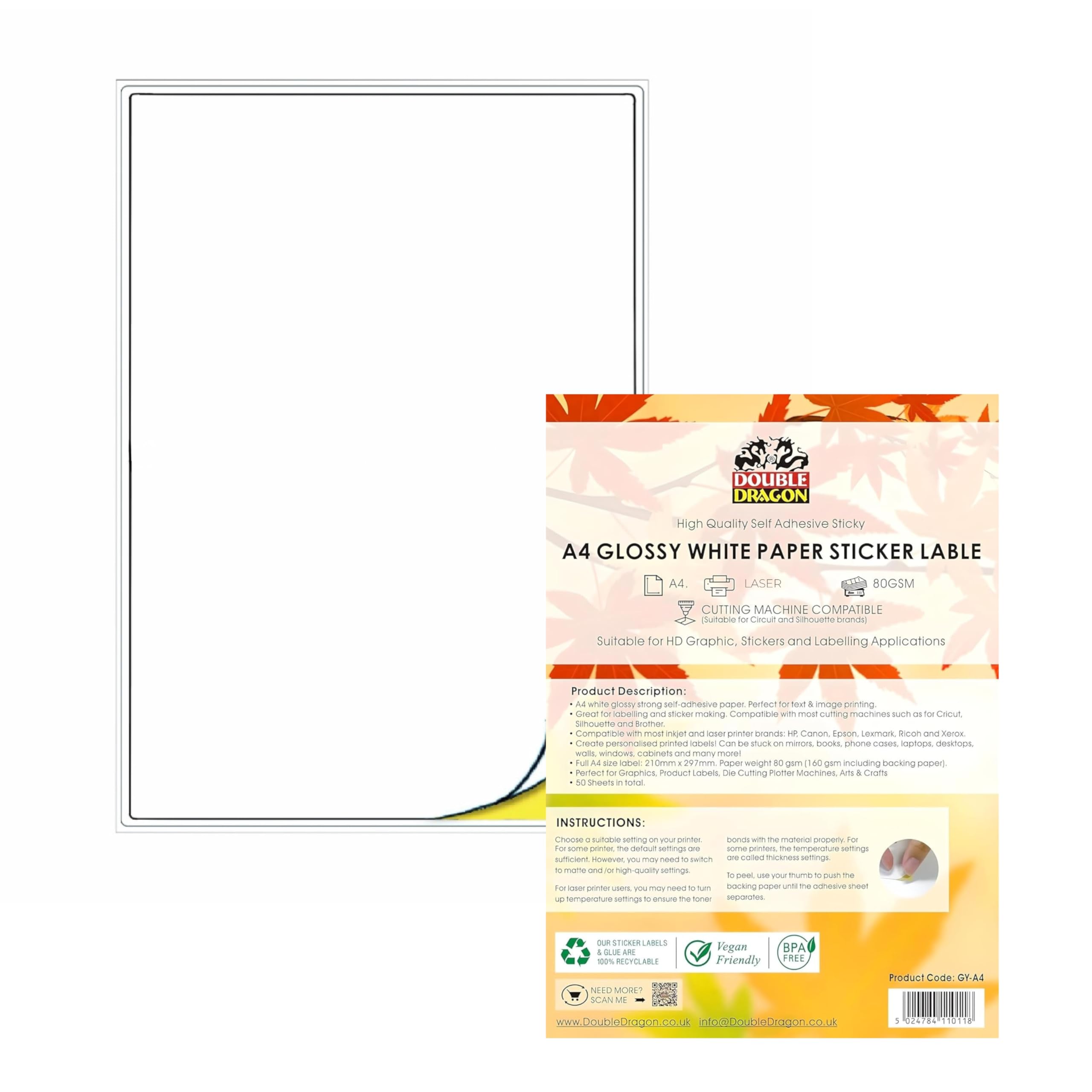 Double Dragon, Pack of 50 Sheets of A4 Glossy White Printable Sticker Paper, Self-Adhesive Labels, Compatible with Laser Printer, 1 Label Per Sheet, Ideal for Shipping, Crafting, and Multi-Purpose Use