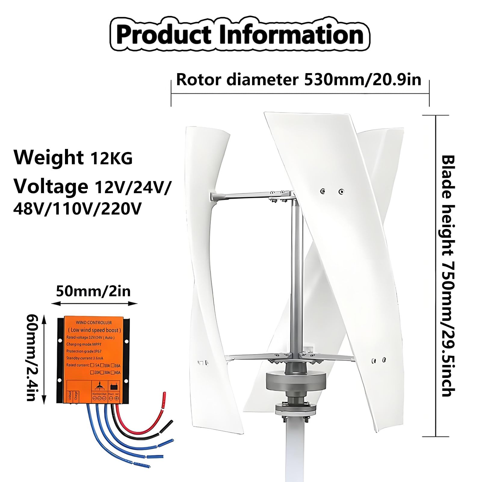 5000W Aerogenerador Domestico Vertical 3 Palas, Kit de Turbina Eólica en Espiral, Turbina Eólica Trifásica con Controlador, para Equipos de Energía Industrial White-220V