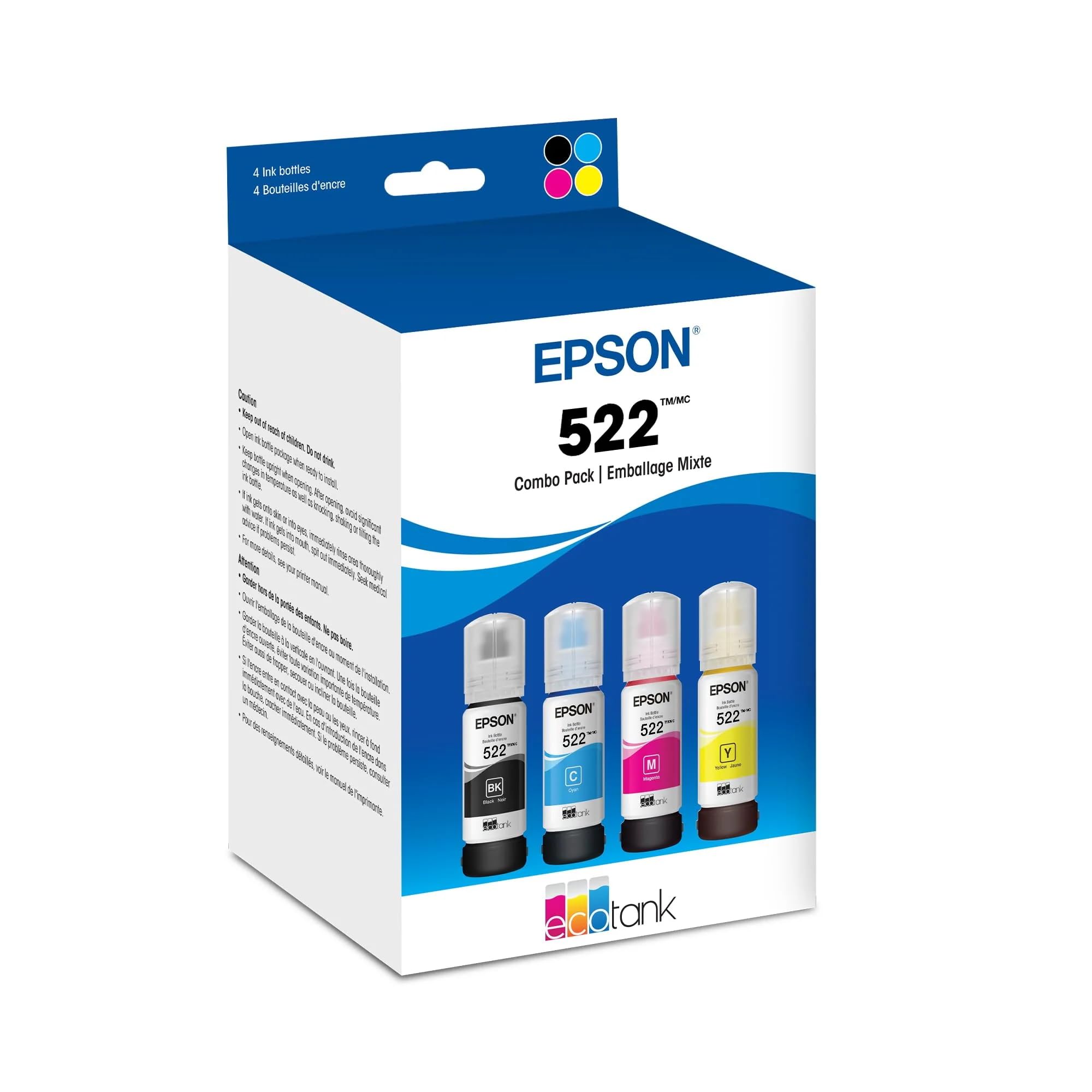 Photo 1 of Epson 522 EcoTank Ink Ultra-high Capacity Bottle Black & Color Combo Pack (T522120-BCS) Works with ET-2720, 2800, 2803, 2840, 4700, 4800, 4810
