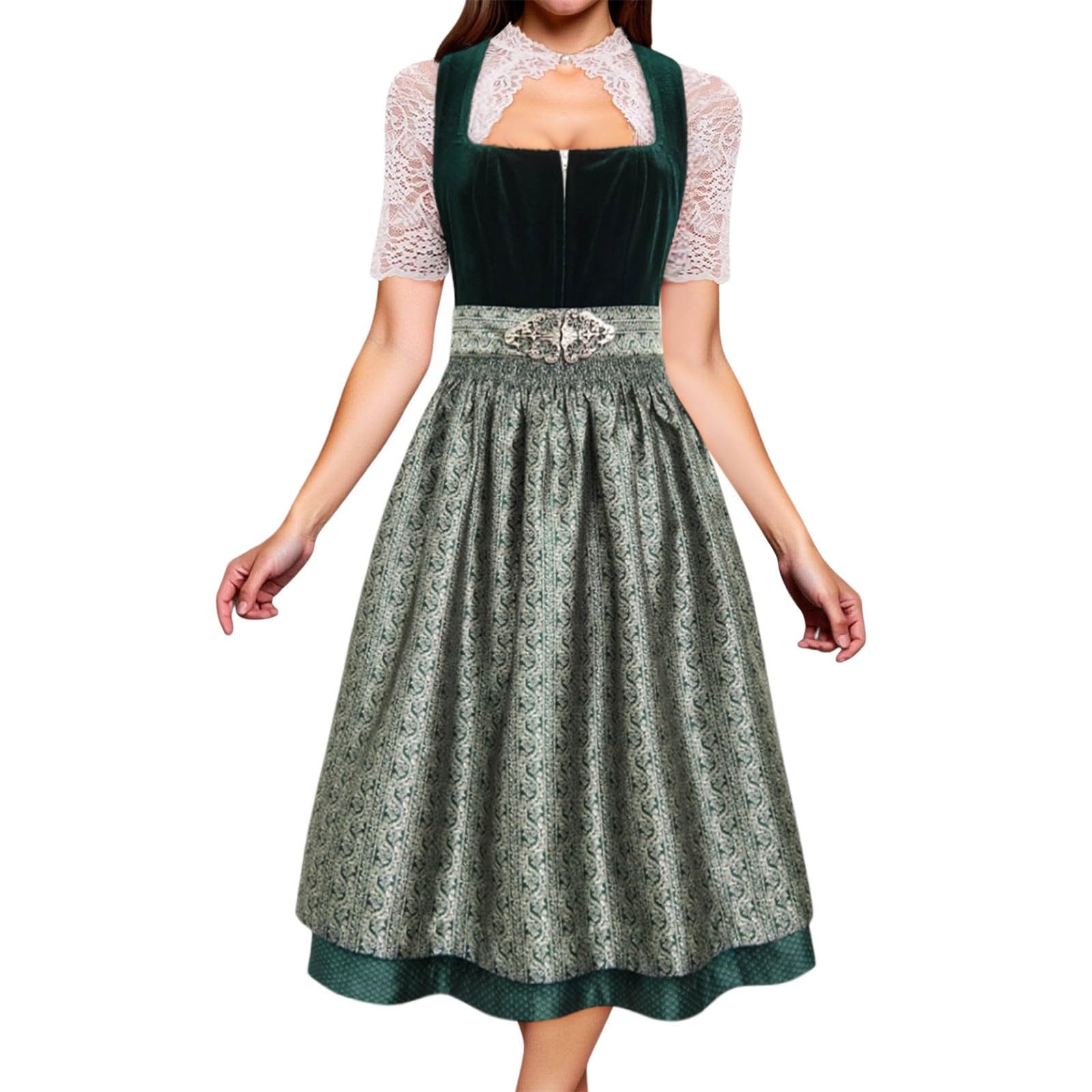 Generisch 2025 Dirndl Kleid Damen Midi/Lang – Schleife & Schürze, Trachtenkleid mit Schnürung, Spitze-Detail Blumenmuster – Oktoberfest Bierfest Wiesn Trachten Dress