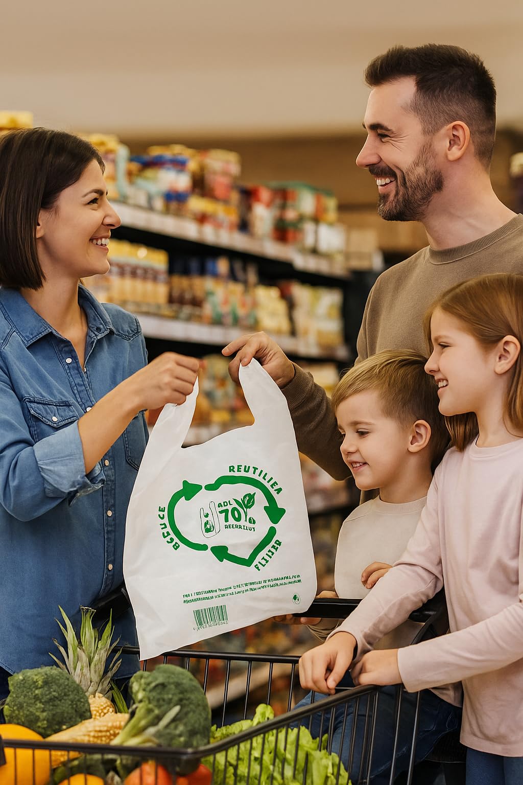 Sac plastique. Anse en plastique. Sacs T-shirt 50 microns 70% recyclés BLANC. Sacs avec poignées 80x85cm. PACK 25 unités de sacs. Haute résistance. Sac biodegradable