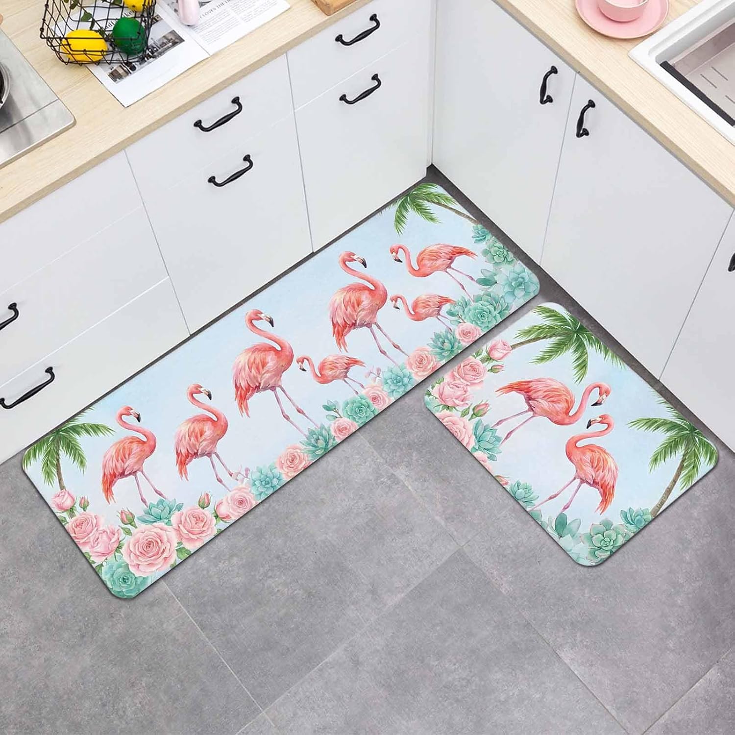 Prime Leader Flamingos Kitchen Mat Set 2 Pieces Coastal Tropical Romantic Pink Rose Succulents Non Slip Kitchen Rugs Washable Runner Rug Mats for Floor Sink Laundry Office 19.7" x 31.5"+19.7" x 63"