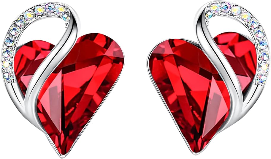 Earrings for Women, Mothers Day Gift for Mom, Heart Birthstone Crystal Stud Earring, Silver Plated Birthday Jewelry