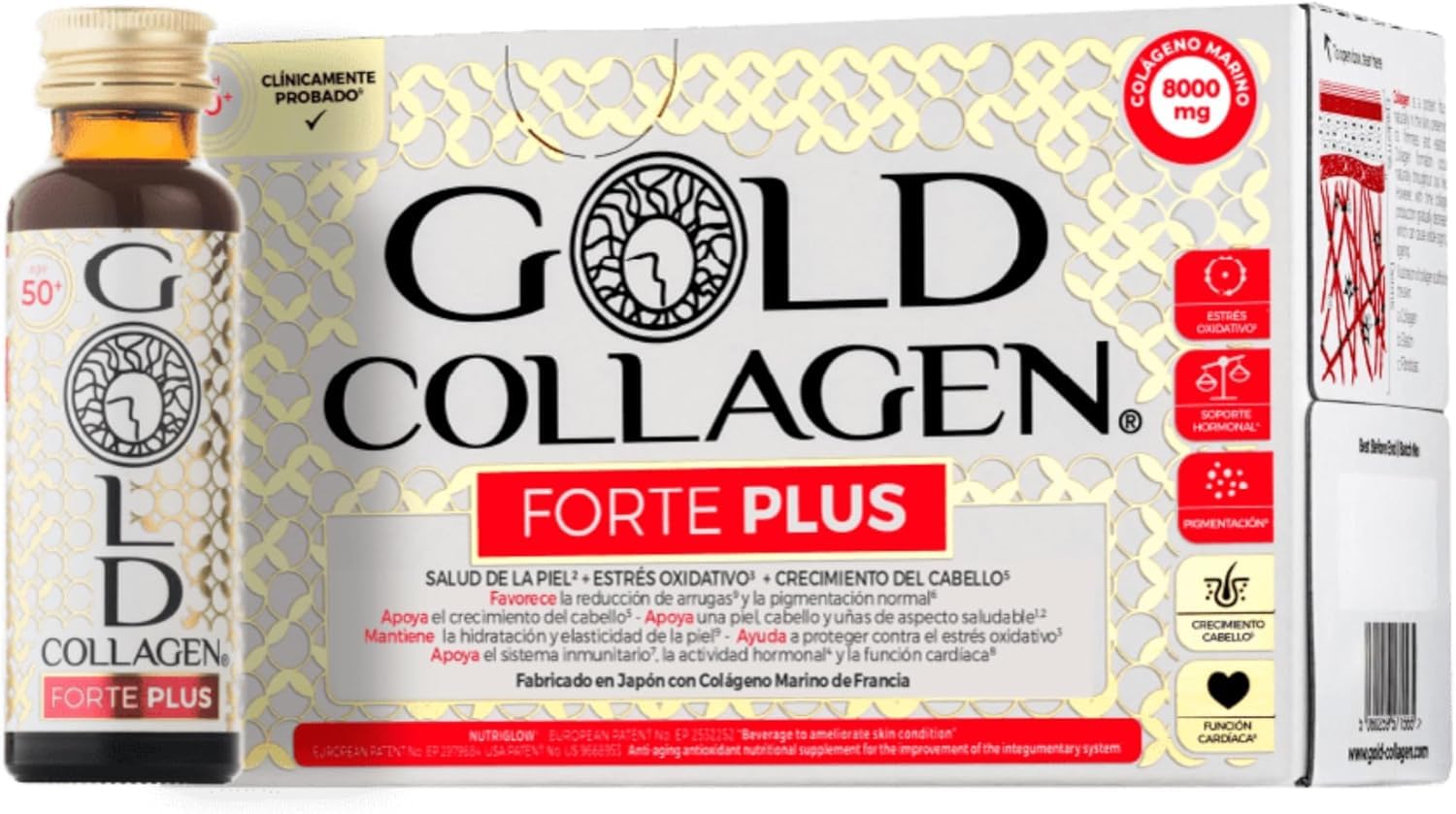 GOLD COLLAGEN New Forte Plus - Complemento con 8g de Colágeno Marino Hidrolizado y Biotina para el Cabello para Piel y Sistema Inmunitario, Vitamina C y Ácido Hialurónico, 1 Caja x 10 Botellitas 50 ml