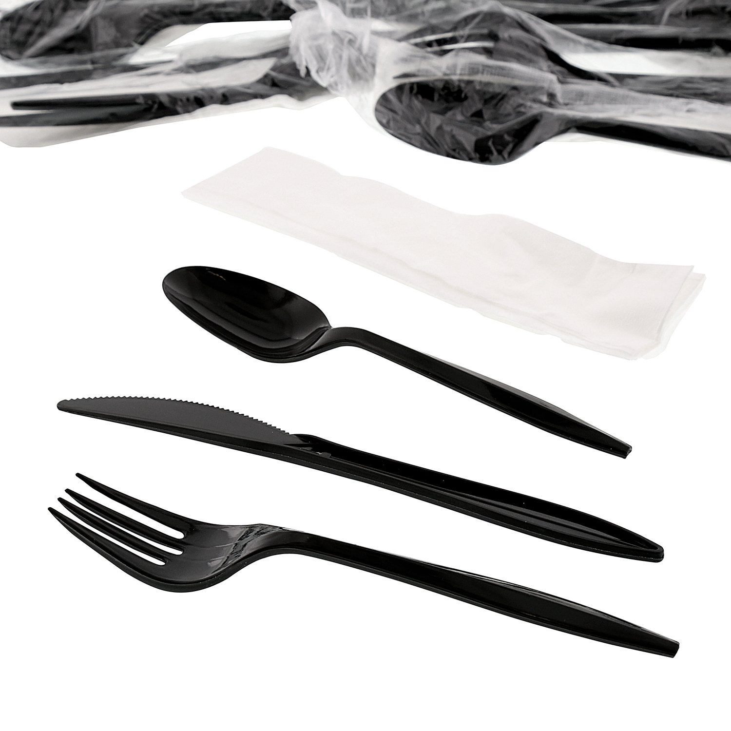 AmerCareRoyal 4-in-1 Disposable Silverware Medium Weight Plastic Utensil Set with Teaspoon – 12x13 inches, Black, Pack of 250, Model 4KP203B05-C