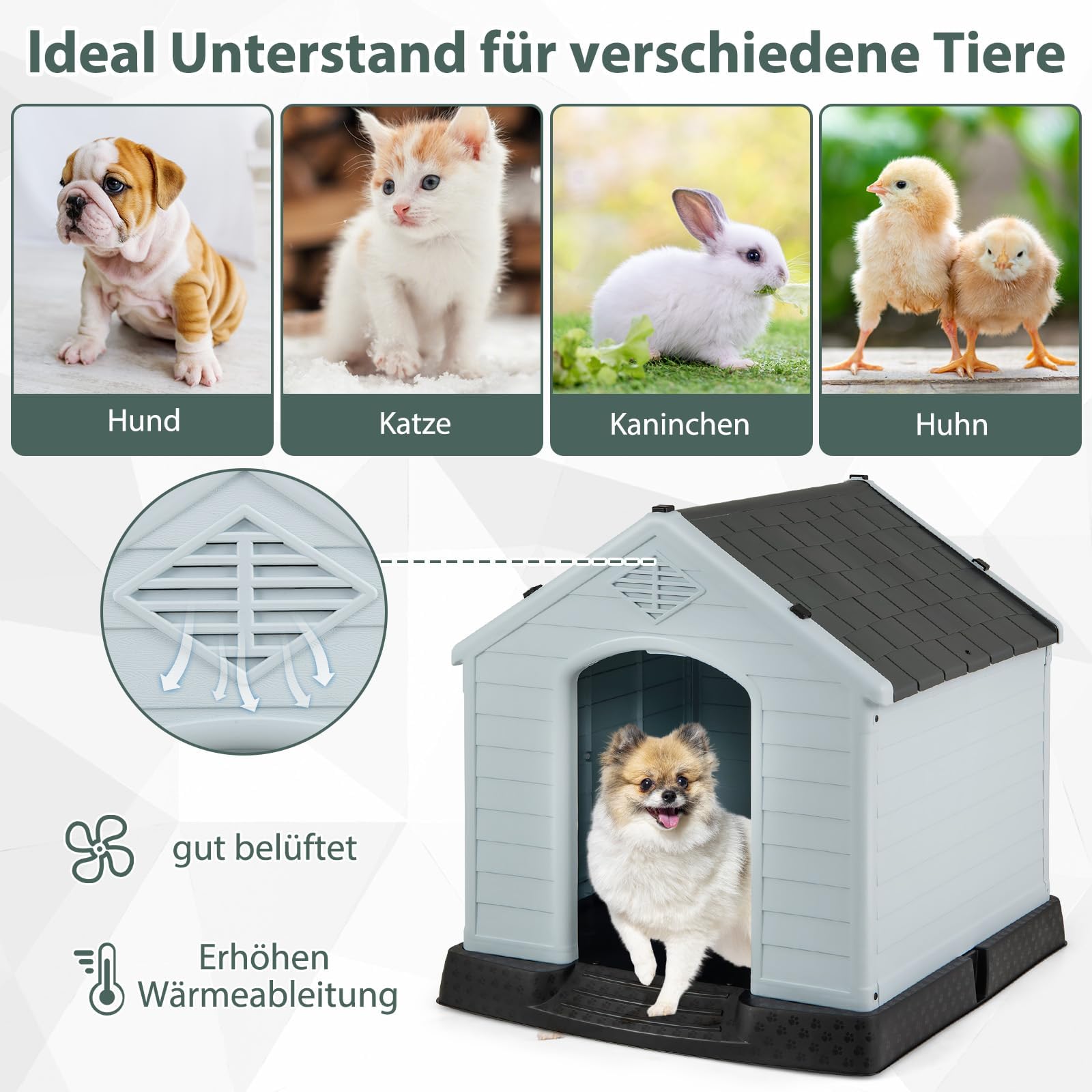 FANTASK Cuccia per cani per esterni, in plastica, con fondo rialzato e tetto impermeabile, impermeabile, per giardino, interni ed esterni, 70 x 65 x 71,5 cm, colore: grigio