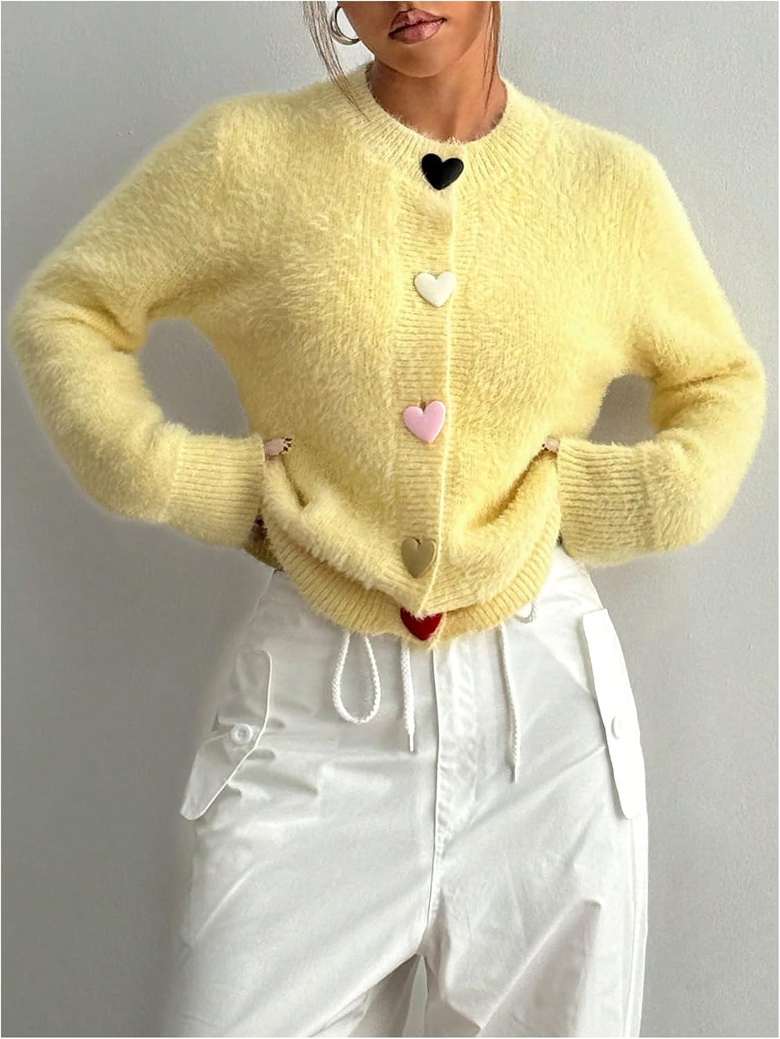 GORGLITTER Women's Crewneck Fuzzy Sweater Elegant Valentine Heart Button Knit Open Front Cardigan Sweaters - Image 5