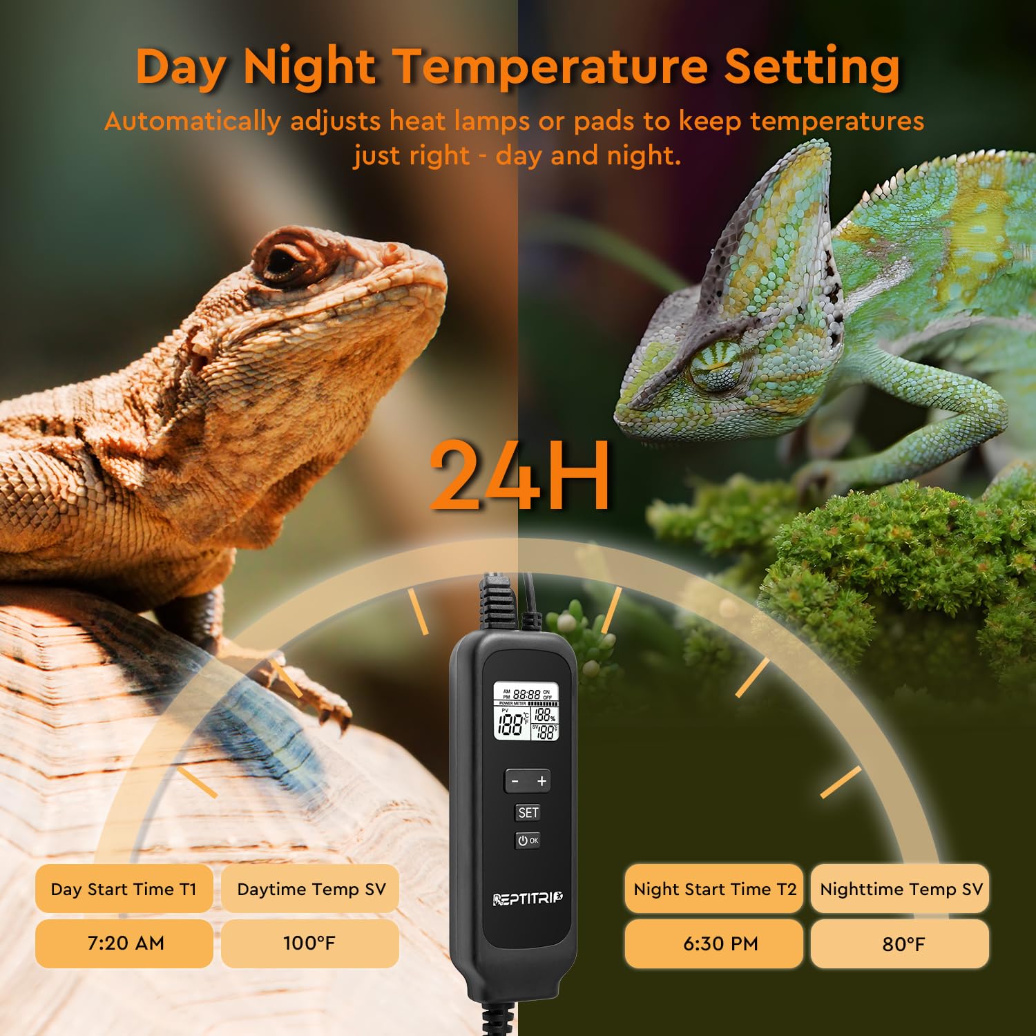 Reptilien-Dimm-Thermostat, einstellbare Tag- und Nachttemperatur, Reptilien-Wärmelampe, PID-Temperatur-Treiber, Memory-Funktion, ℉/℃
