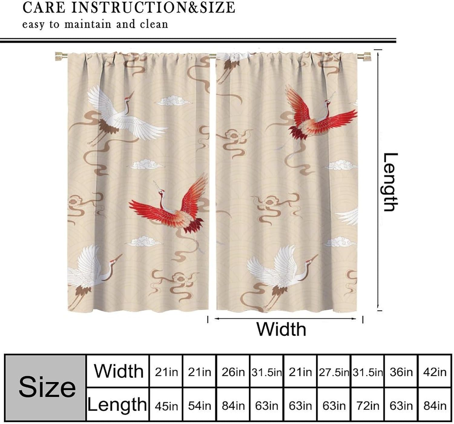 Exotic Crane Curtains, Retro Rural Minimal Orient Asian Chinese Abstract Cloud Bird Seamless Pattern Window Treatments, Blackout Rod Pocket Drapes for Living Room Bedroom Bathroom Kitchen 63x72in