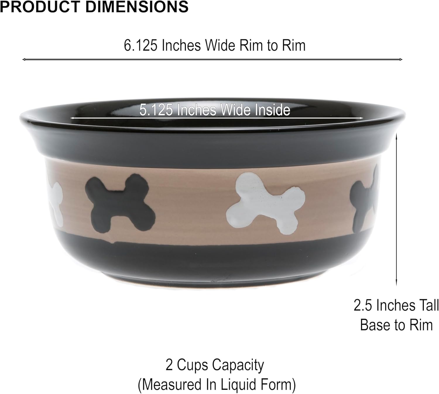 PetRageous 10071 City Pets Bones Dishwasher-Safe Dog Food and Water Bowl 6.125-Inch Diameter 2.5-Inch Tall 2-Cups Capacity for Small Dogs and Cats, Black