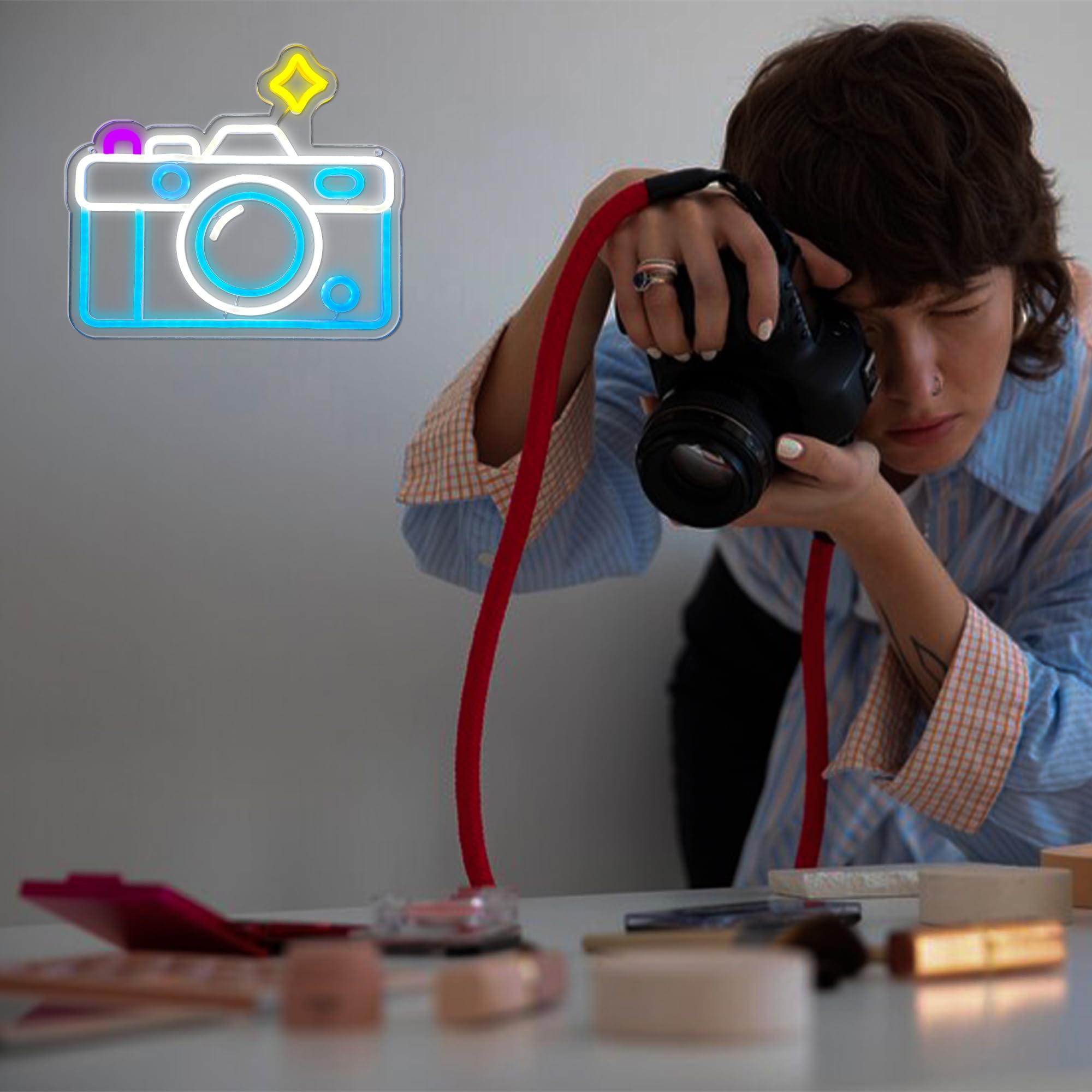 Insegna al neon con fotocamera, dimmerabile alimentata tramite USB, simpatica luce al neon per studio fotografico, decorazione da parete per feste, bar, negozi, studi fotografici, soggiorno