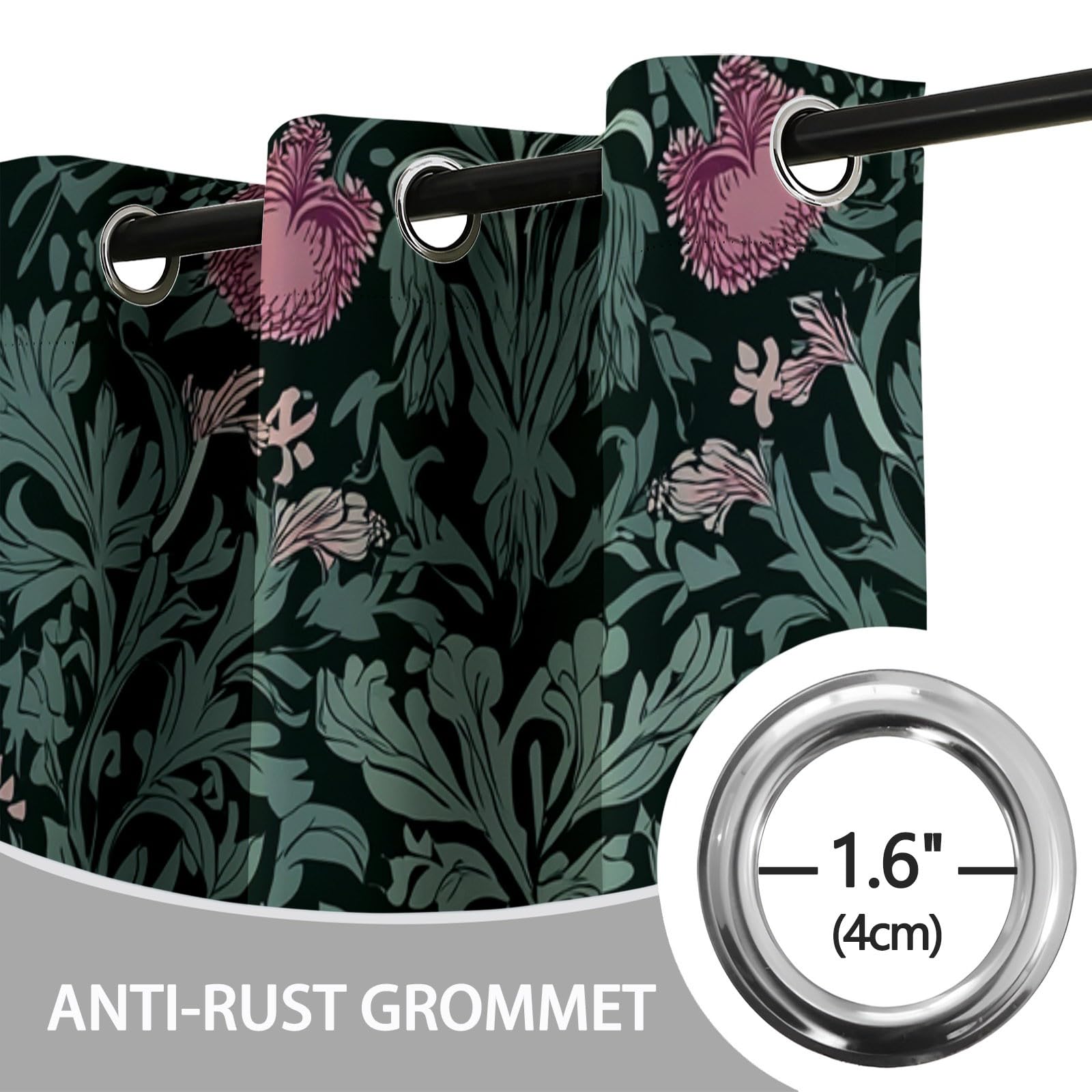 Verdunkelungsvorhänge mit Ösen H260 x B140 cm (2er Set), William Morris Blumen Bedruckte Thermo Vorhänge für Schlafzimmer & Kinderzimmer, Blickdichte Gardinen Lärmschutz, Dunkelgrün