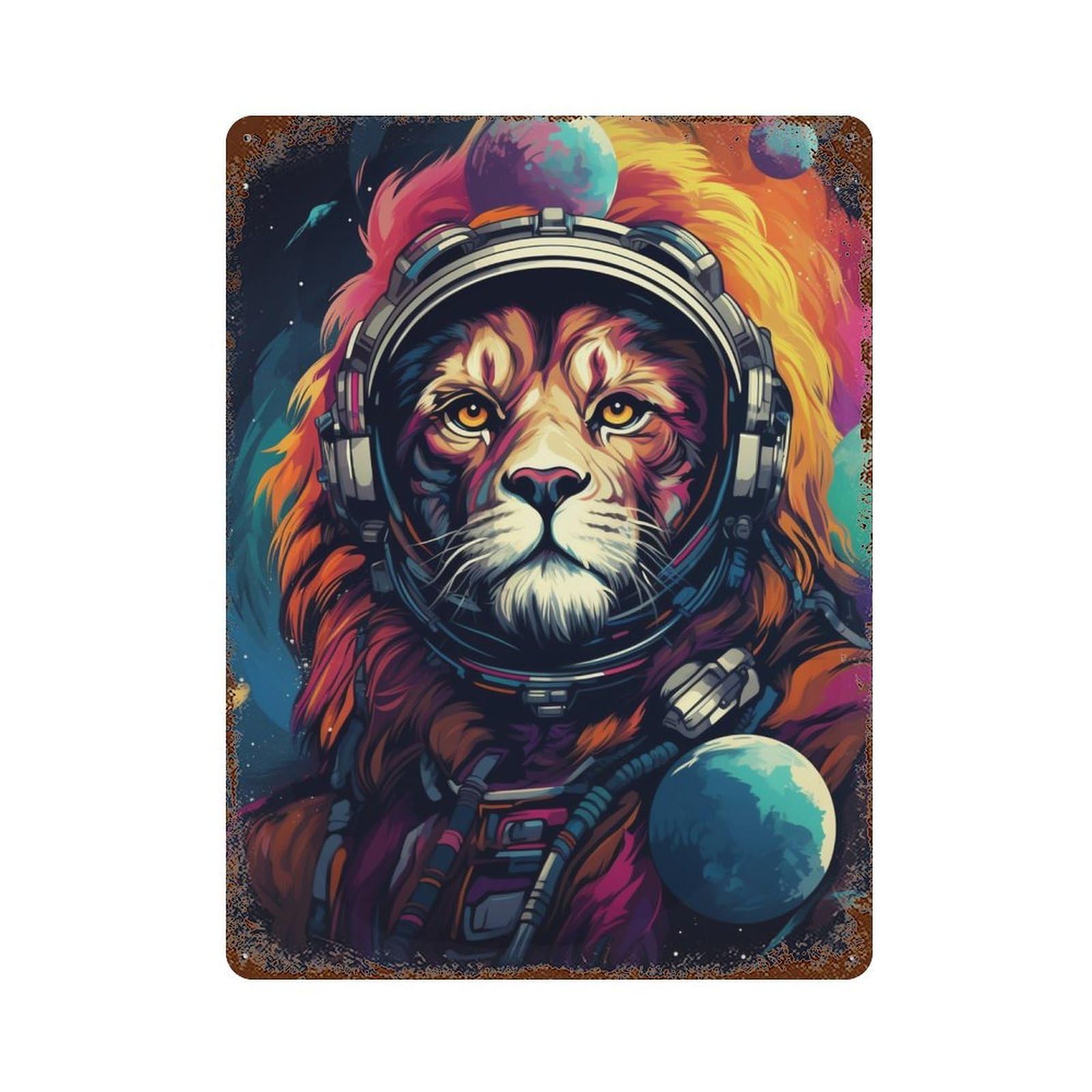 Lion Astronaut in Space Aged Metal Wall Plaque 15.7"x11.8", Classic Wall Plaque for Garage, Pub Or Kitchen