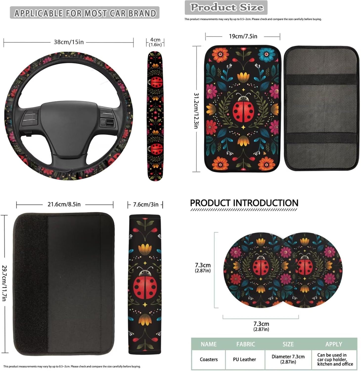 Bulopur Floral Ladybug Car Seat Covers Front and Back 14 Pack with Soft Car Armrest Pad Car Seat Belt Covers Keychain Auto Interior Accessories Set