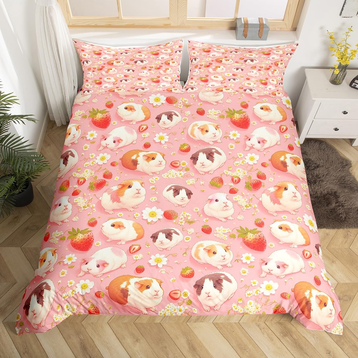 Parure de lit cochon d'inde rose et fraises 135x200 cm pour la chambre des filles