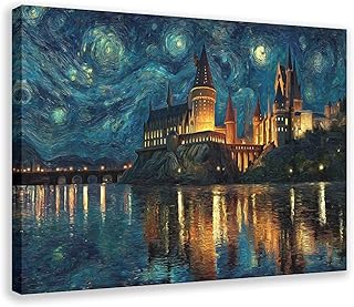 UZWGG 1pcs Framed Wall Art Van Gogh Starry Sky Elements Theme Prints Poster Hogwarts Castle Canvas Painting Living Room Bedroom Hotel Dining Room Wall Decor Wrapped Canvas 16x24inch(40x60cm)
