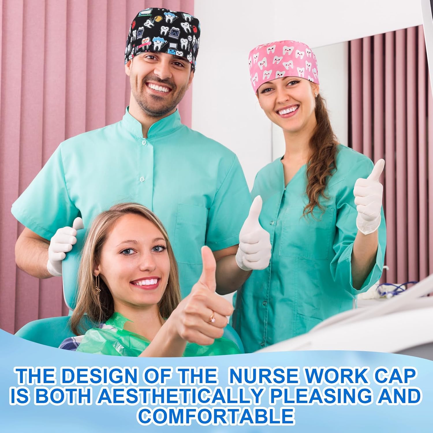 Unittype 4 Pcs Nurse Caps for Women Nursing Working Caps with Button and Sweatband Adjustable Elastic Scrub Hats for Dentist - Image 3