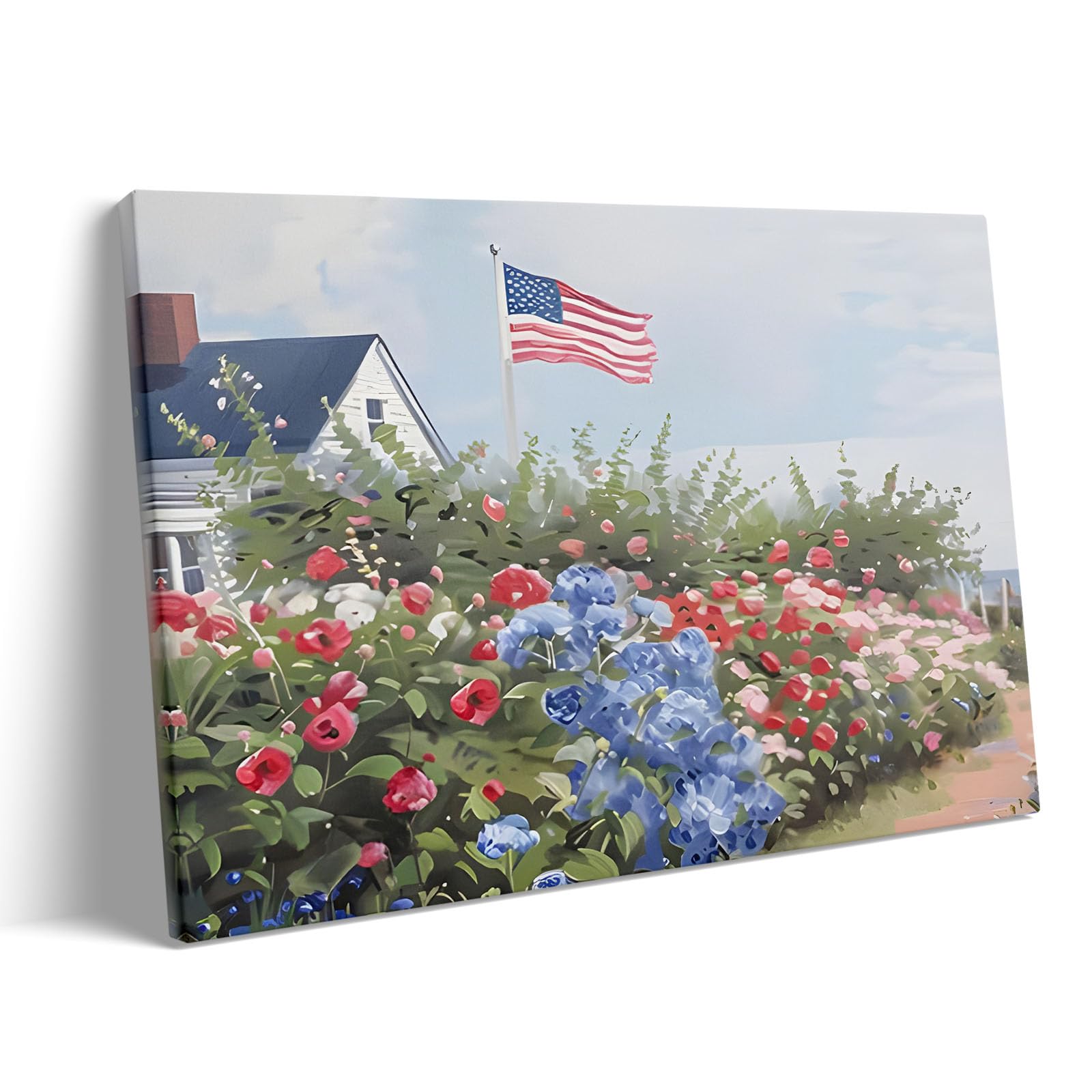 Independence Day Canvas Wall Art, USA Garden with Flag Roses in Bloom Print, Memorial Day and Summer Porch Floral Print Poster Framed Oil Painting for Country Porch or Living Room 11x14inch