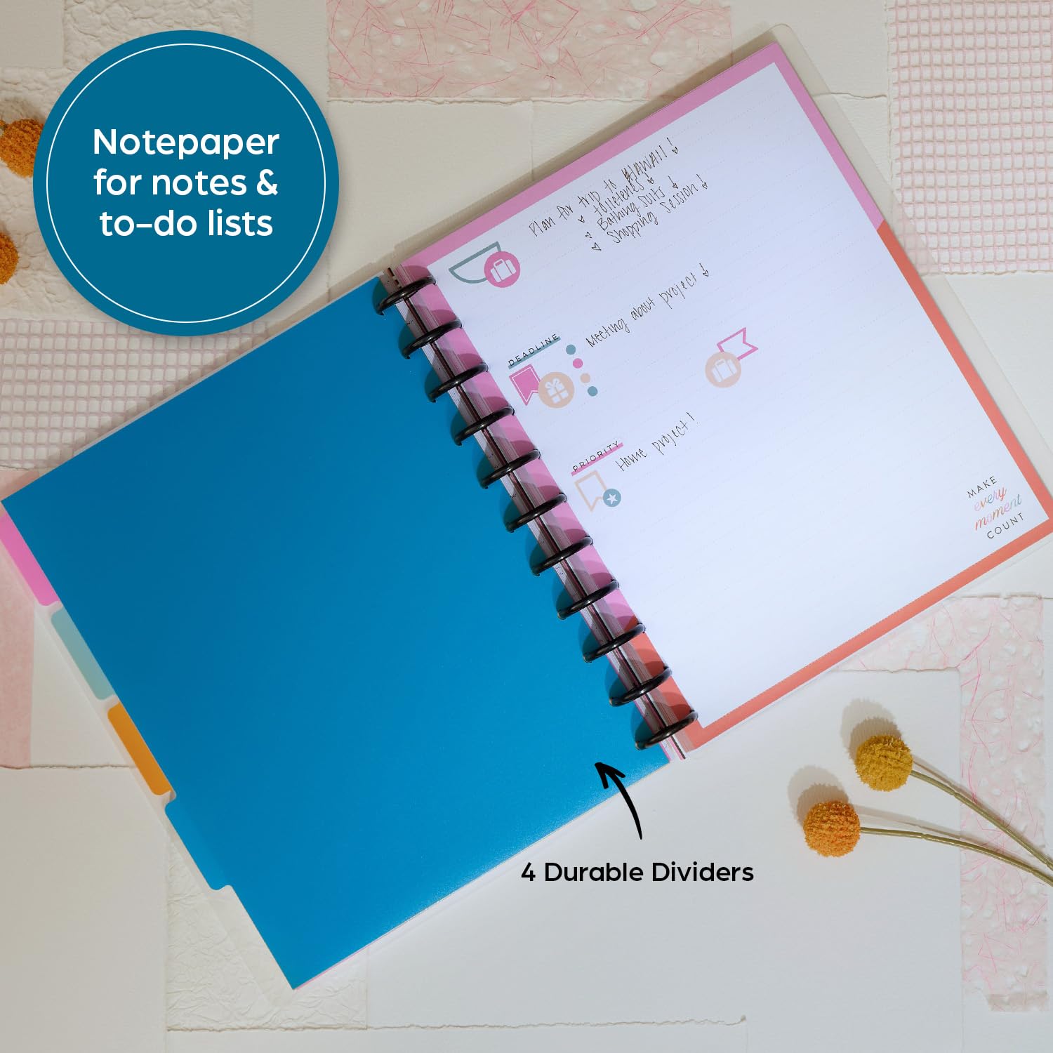 Happy Planner Plan + Planificador mensual de notas y cuaderno rayado, planificador de 12 meses sin fecha, 95 hojas con 4 separadores y 12 hojas de calcomanías, tema mágico bueno, tamaño grande, 8.5 x