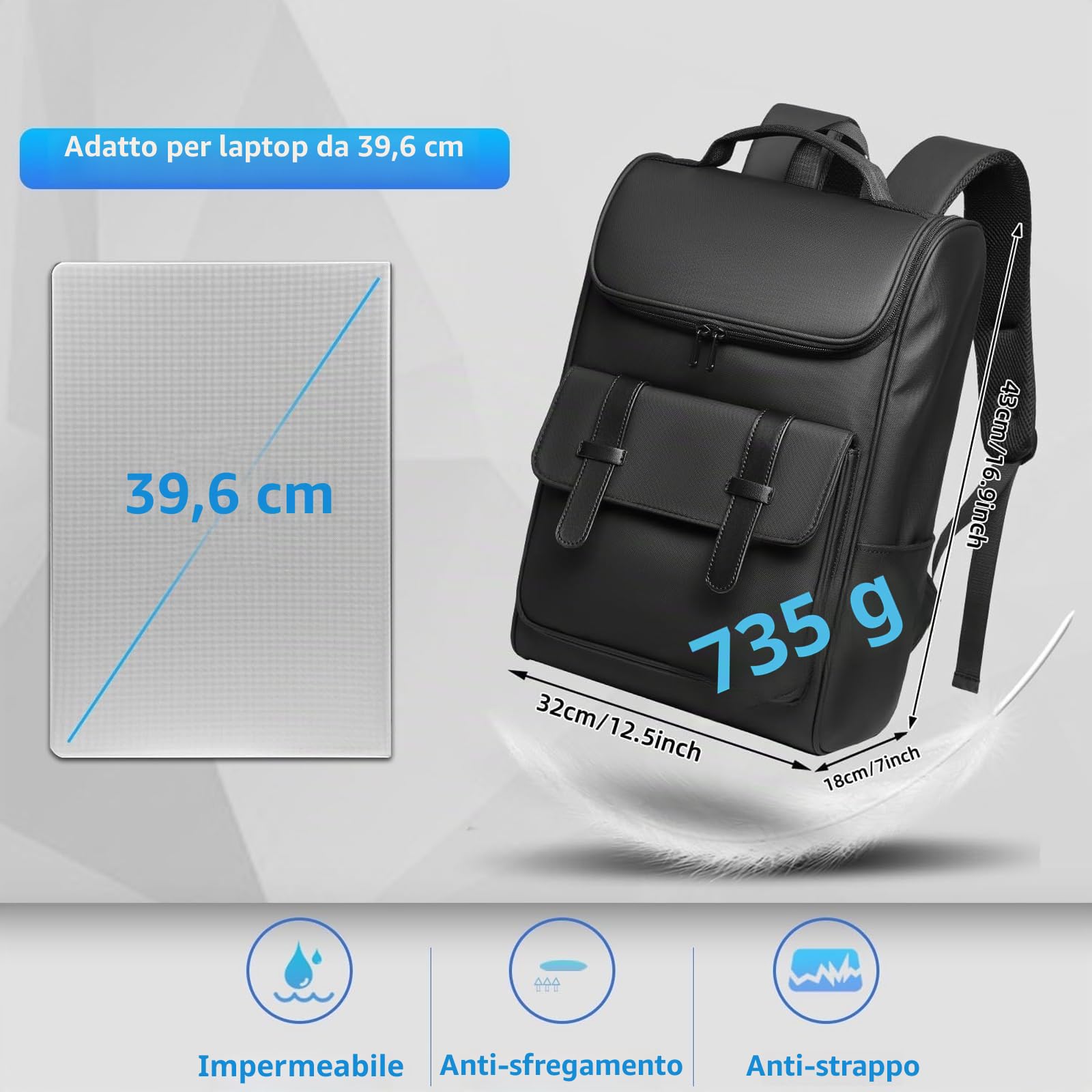 Zaino Uomo Lavoro 15.6 Pollici Porta PC Donna Impermeabile Elegante per Computer Università Scuola Viaggio Shopping - Nero