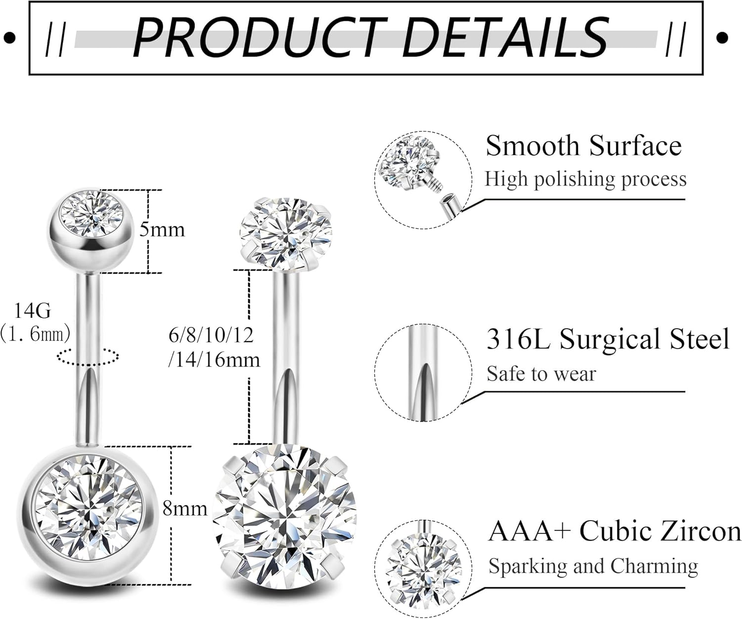 2PCS 14G Surgical Steel Belly Button Rings for Women Round CZ Navel Ring Long Belly Rings Belly Piercing Jewelry 6-16MM - Image 3
