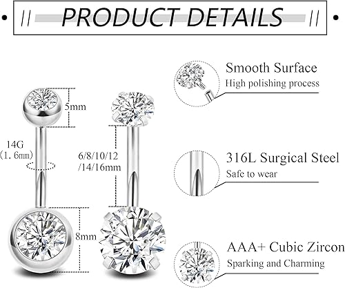 Miniatura 3 de 2 anillos de ombligo de acero quirúrgico de 14G para mujeres y niñas, anillo redondo de ombligo de circonita cúbica, anillos largos para el ombligo,