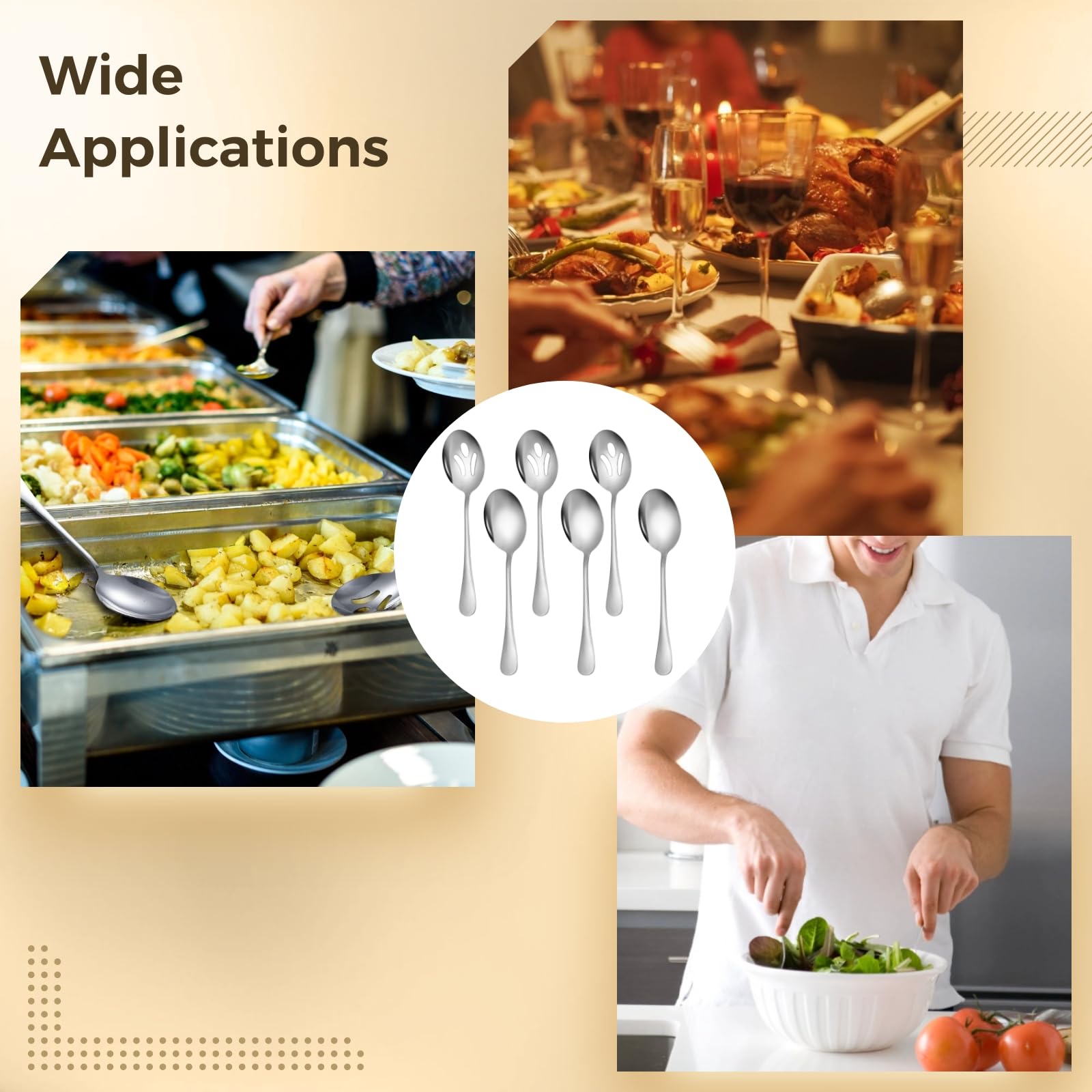 6er-Set breite Servierlöffel, Buffetlöffel aus Edelstahl, geschlitzte und klassische Löffel, hochglanzpoliert, robust und korrosionsbeständig, für Catering und Empfang