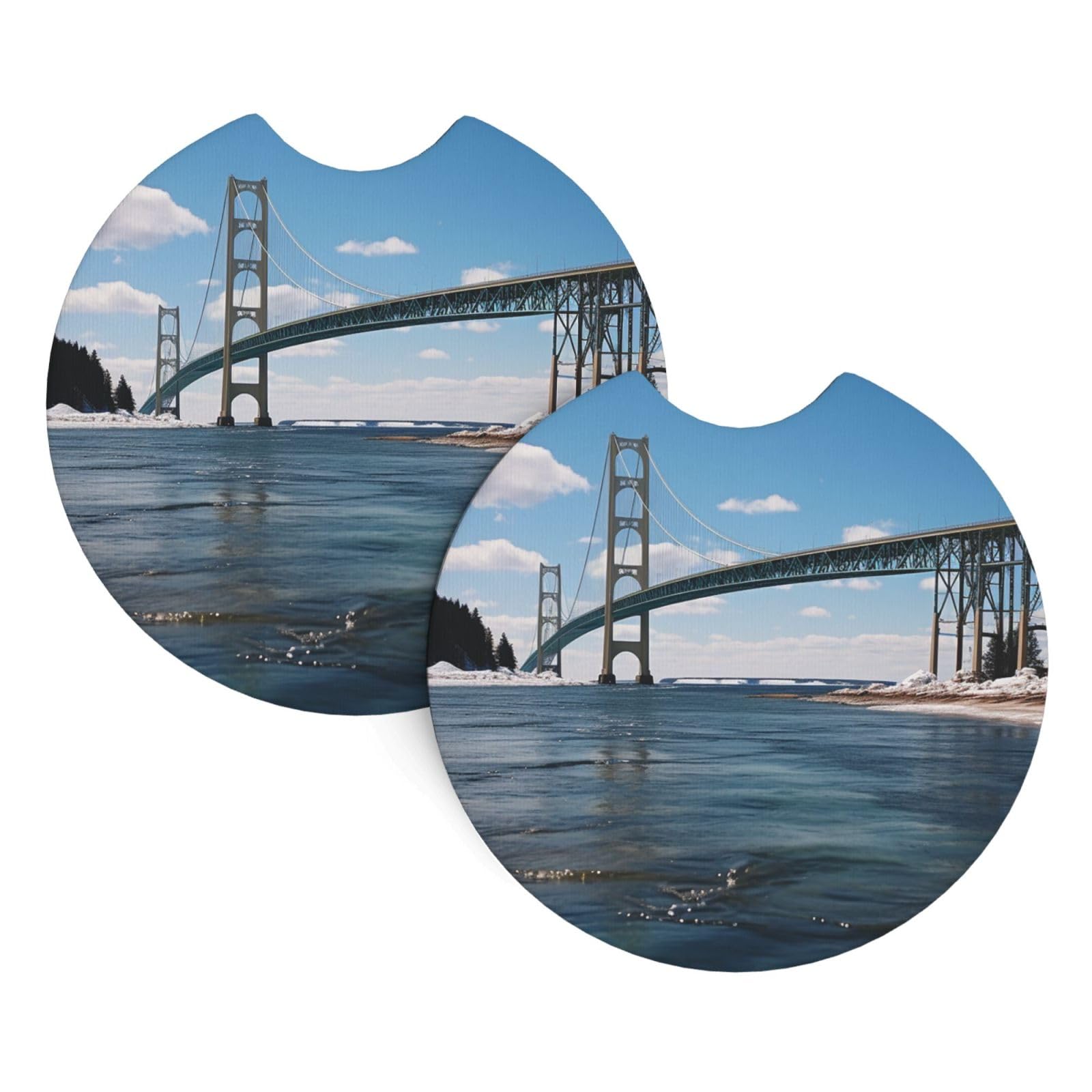 2 Pack Car Coaster for Cup Holders Mackinac Suspension Bridge Car Cup Coaster 2.7" Neoprene Non-Slip Automotive Cup Mat Universal Auto Car Interior Accessories for Women Men Cup Pad