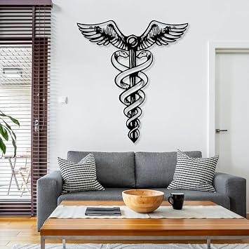 Metal Caduceus Wall Decor, Caduceus Nurse Metal Wall Art, Two Snake Wings Metal Wall Decor, Caduceus Wall Art, Hermes Greek God Wall Art, Medical Office Wall Decor, Nurse Home Decor Black, 28"x25" | 70x63cm