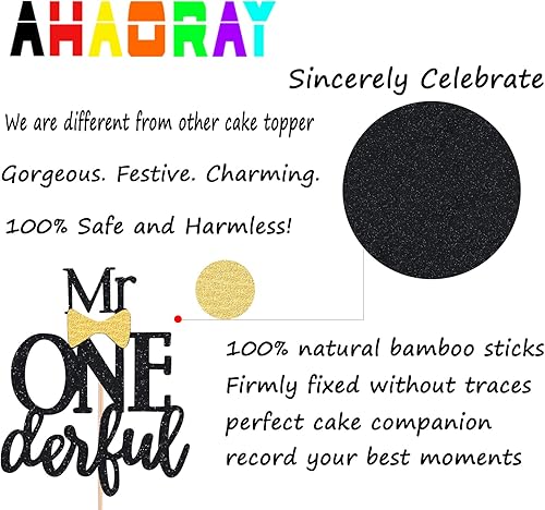 Miniatura 6 de Mr Onederful - Decoración para tartas, pajarita negra con purpurina para el primer cumpleaños, suministros de decoración de pasteles, perfecto para
