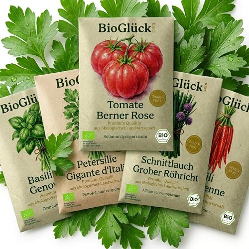 BioGlück Balkon & Fensterbank Saatgut Set – 5 Bio Samen: Basilikum, Petersilie, Schnittlauch, Tomate Berner Rose & Chili De Cayenne – Samenfest – Anzuchtset für Topf & Balkon, auch