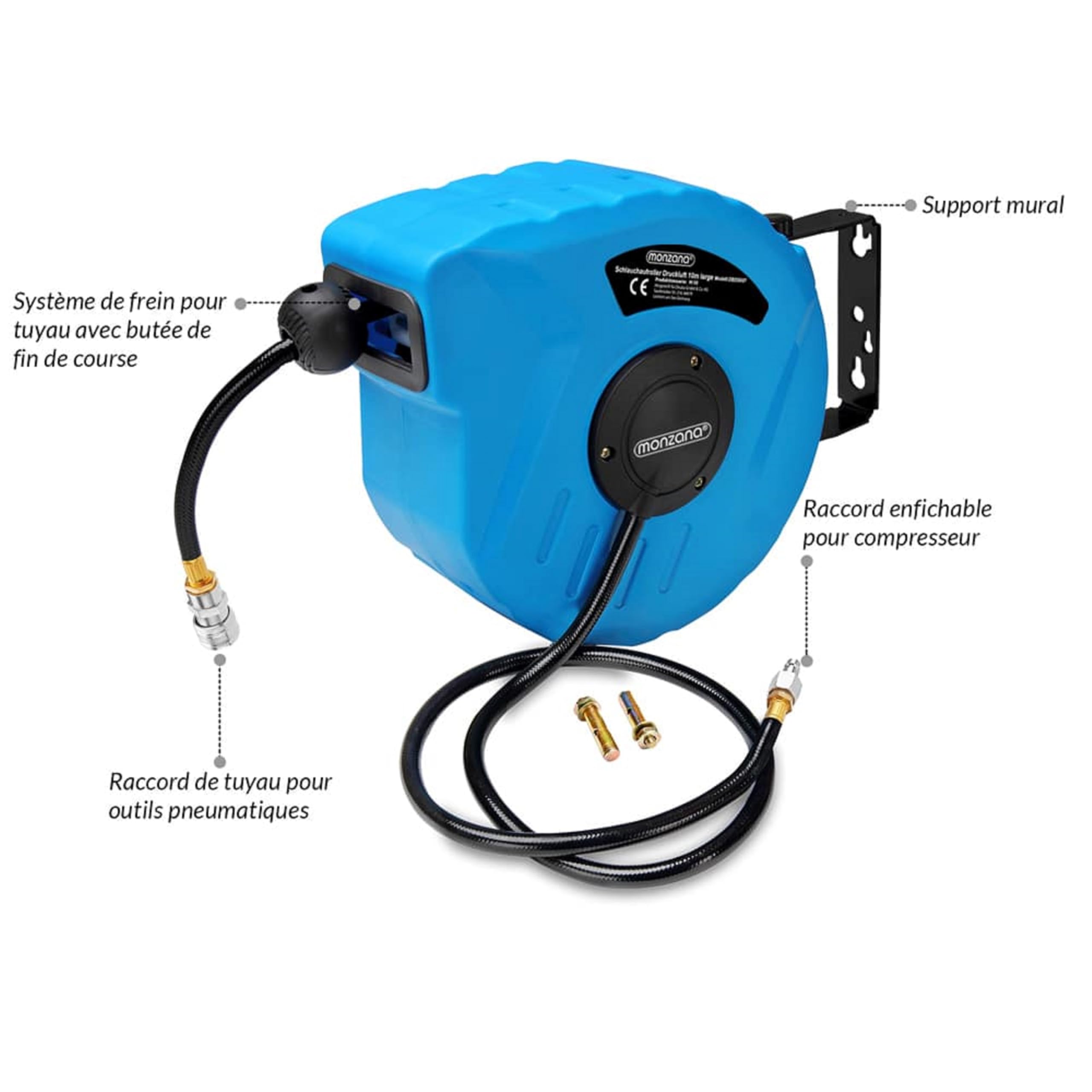 DEUBA® Dévidoir enrouleur tuyau à air comprimé automatique 10m+1m raccord 3/8' 12 bar Ø12mm enroulement tuyau pneumatique support mural