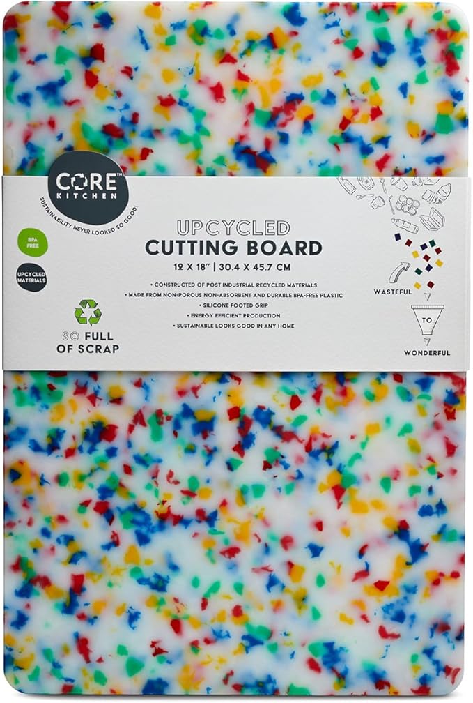 Core Kitchen Rainbow Confetti on Blue 12 x 18 Inch Recycled Plastic Charcuterie Platter Chopping Cutting Board with Non-Slip Footing, Kitchen Display Tray, 46374
