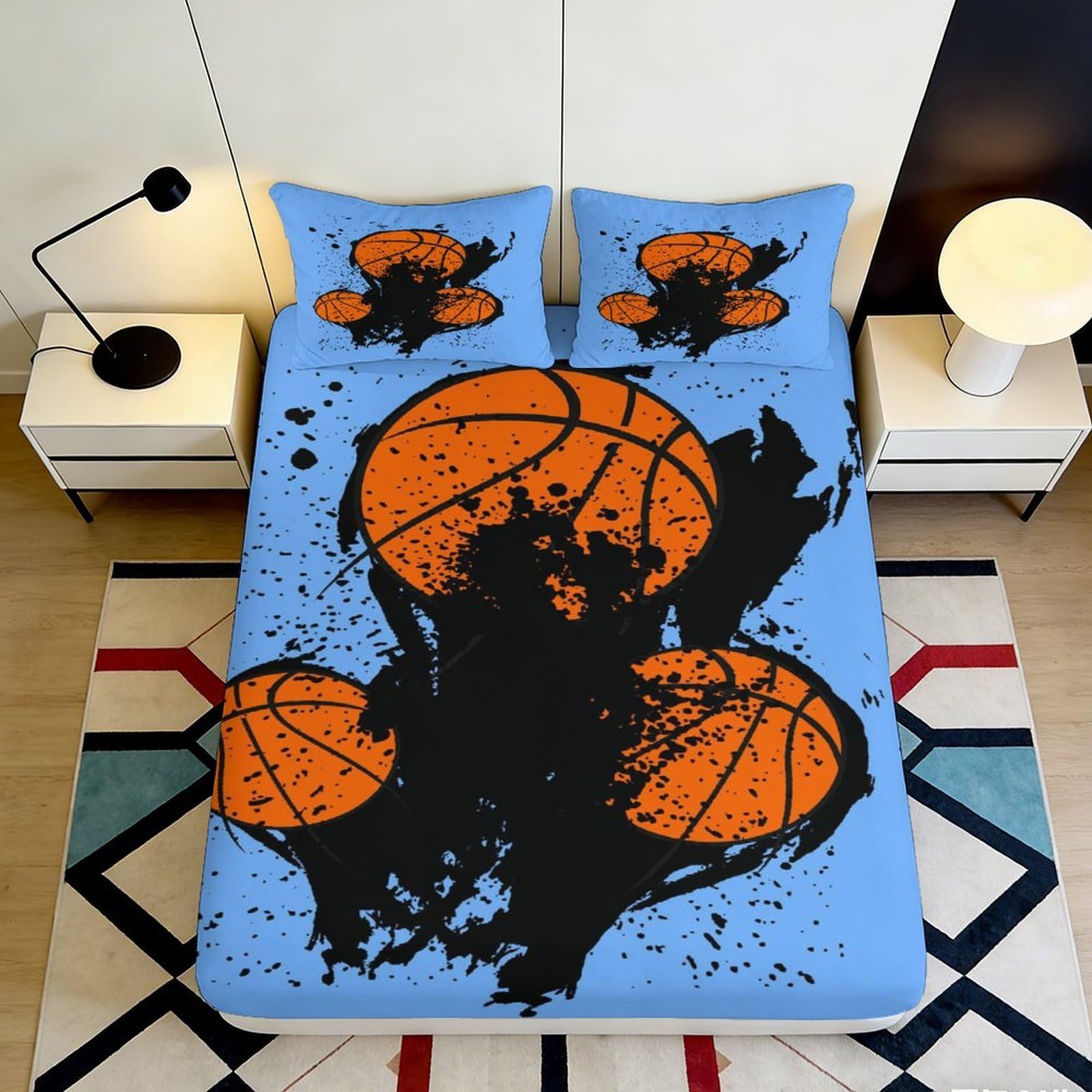 3D Printed Basketball Fitted Sheet Microfiber Deep Pocket Non-Slip Bedroom Bedding Basketball Mattress Fitted Cover for Adults Teens 120x200x25cm