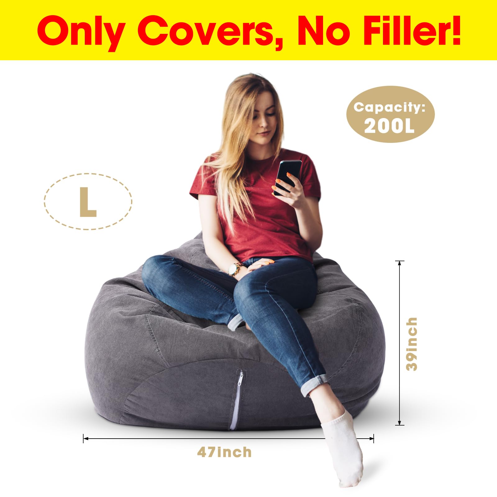 Tranqun 2 Pcs Bean Bag Cover Chair Cover Soft Corduroy Stuffed Animal Bean Bag Storage for Adults Indoor Bedroom Organizing Plush Toys(200l,Dark Grey)