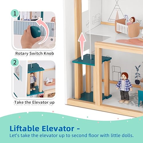 Miniatura 4 de OOOK Casa de muñecas de madera con elevador elevable, casa de muñecas moderna de 2.6 pies de alto para niños pequeños, incluye 21 muebles, 4 muñecas