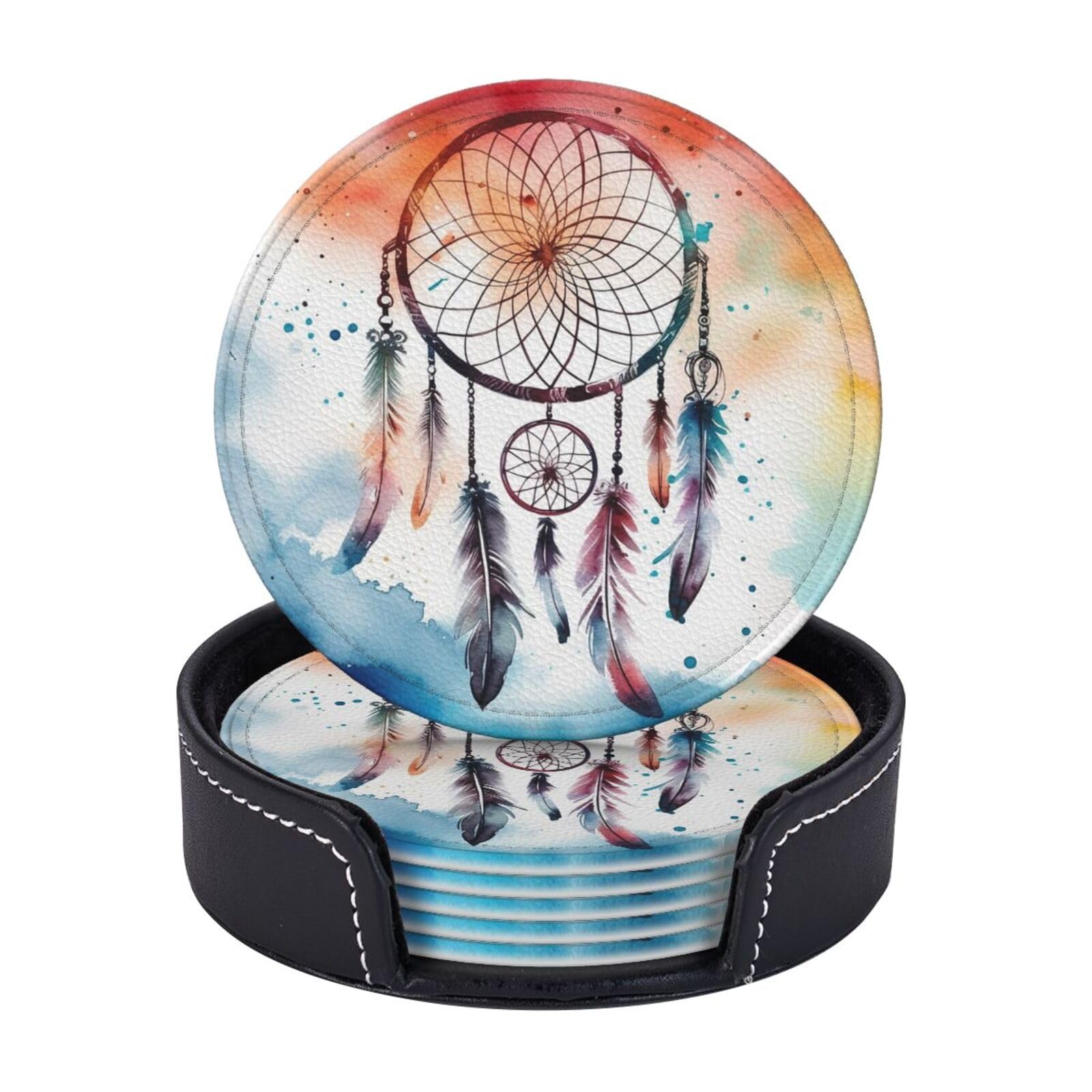 6PCS Drink Coasters with Holder, 4" Leather Coasters for Drinks, Watercolor Dream Catcher Cup Coasters for Coffee Table Decor, Non-Slip Drinking Cup Mat for Hot or Cold Drink