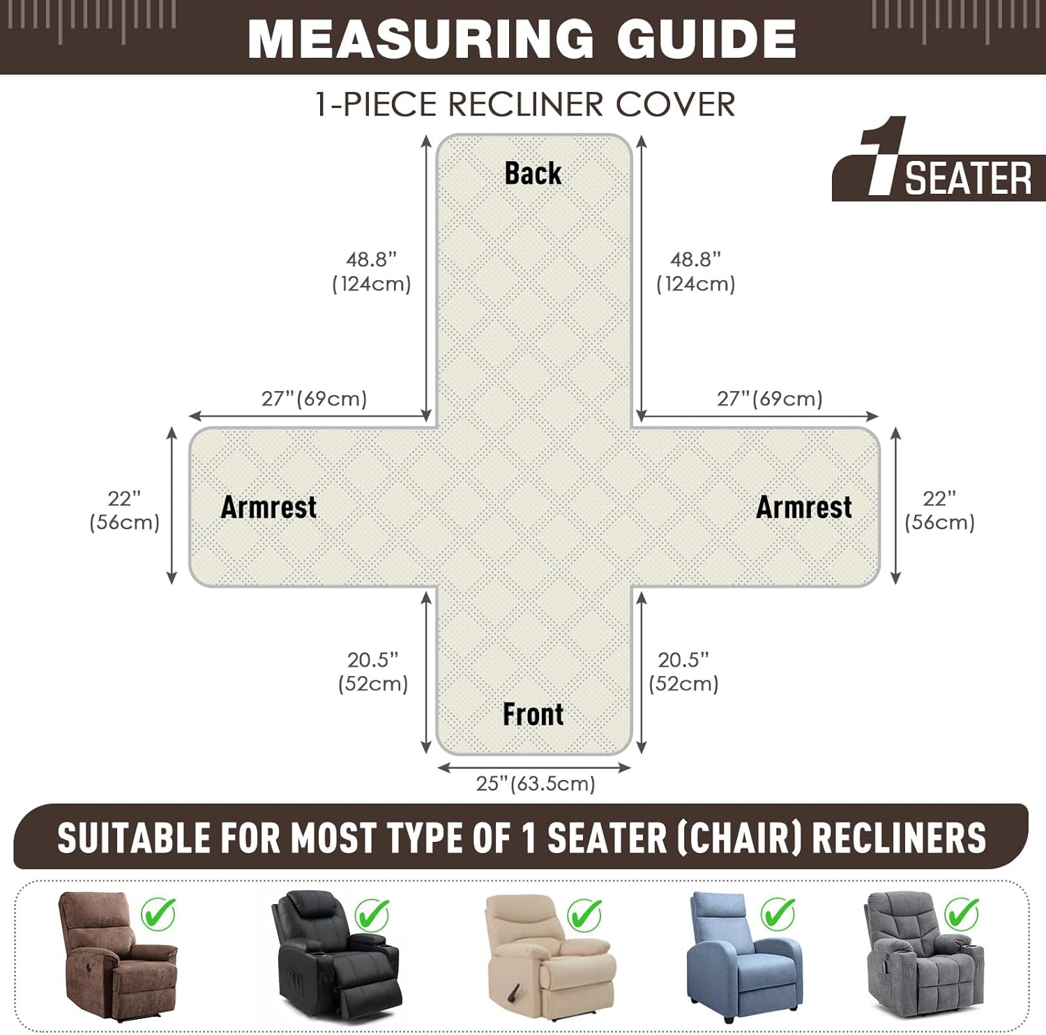 taococo 100% waterproof recliner chair covers, non slip recliner covers for recliner chair with pocket, washable reclining chair cover furniture protector for kids,dogs(25'', chocolate) chocolate 25''