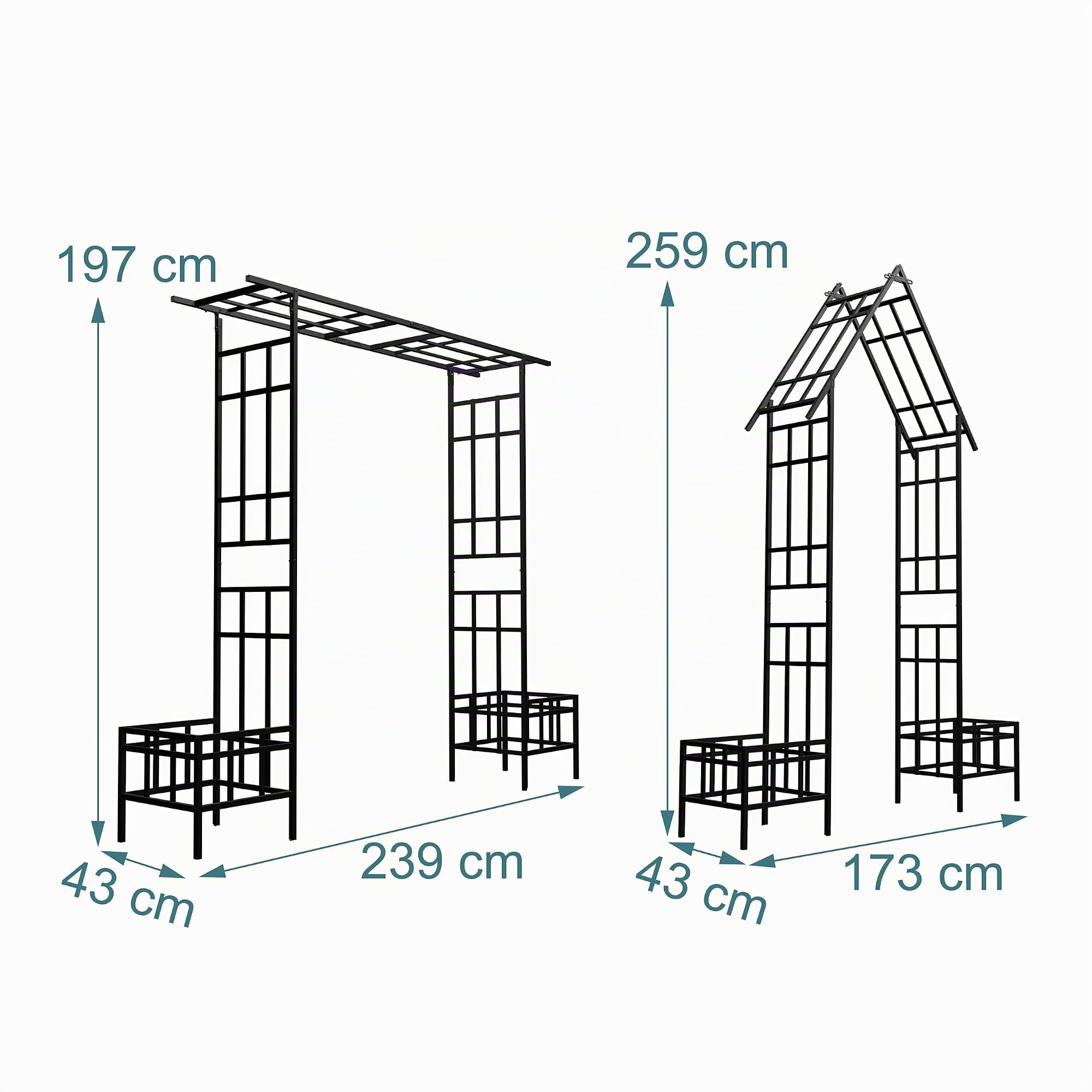 Relaxdays Arco per rose con fioriere integrate, metallo, 2 design del tetto, arco robusto per rampicanti, nero