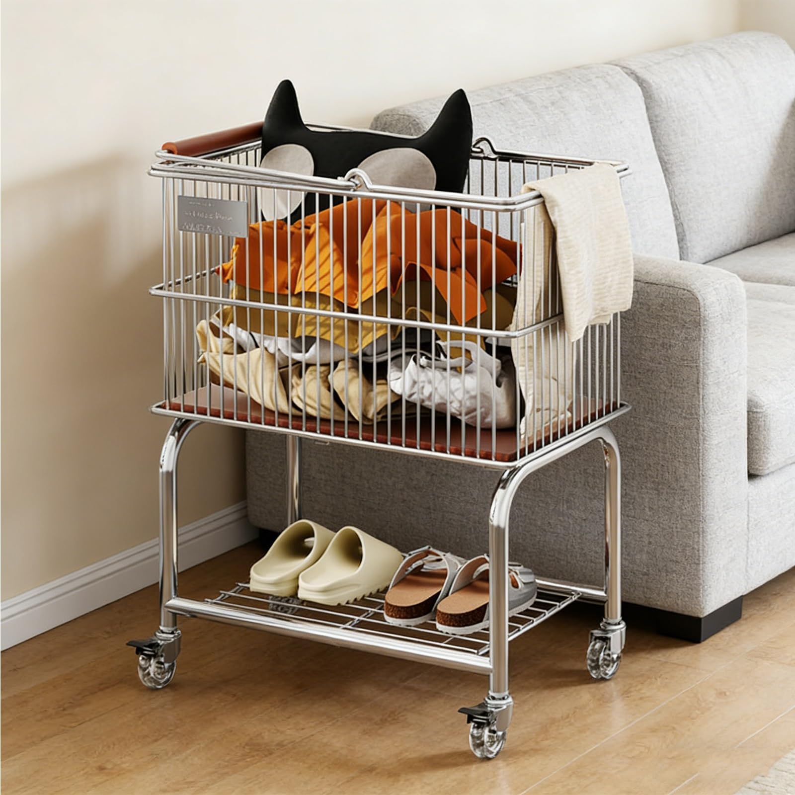 SFSLBFB 2 Tier Rolling Laundry Hamper with Wheels, Portable Metal Laundry Basket Cart with Handle & Removable Baskets, Multifunctional Storage Rack for Bathroom