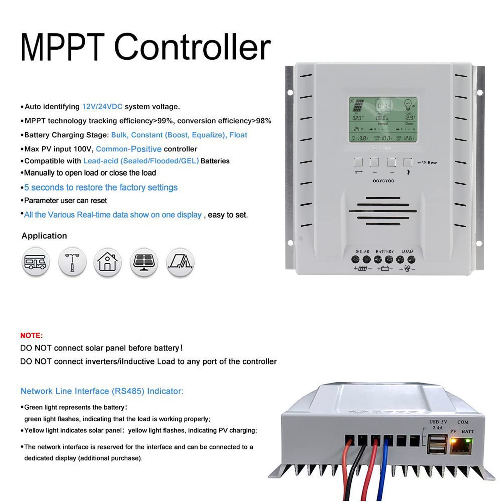 MPPT-Solarregler, 60 A, Hocheffizienter Solarregler, Maximale Eingangsleistung 100 V, für Solar-Wohnmobil-Haushaltssysteme, Aluminium, 7,68 X 7,48 X 2,95 Zoll