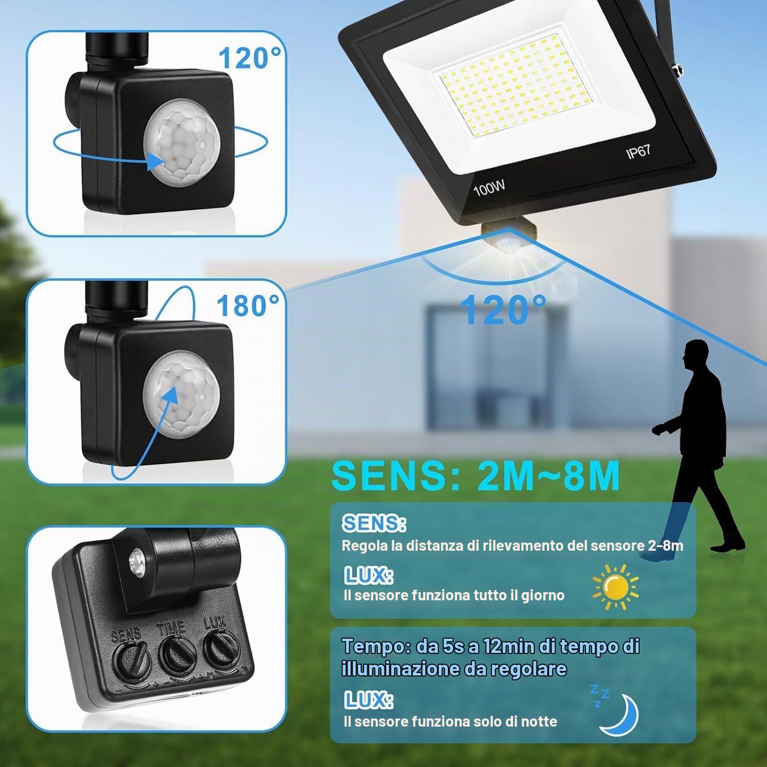 Faretto LED da Esterno 100W 10000LM 7000K con Sensore di Movimento, IP67 Impermeabile Super Luminoso Bianco Freddo Luce di Sicurezza per Garage, Cortile, Patio