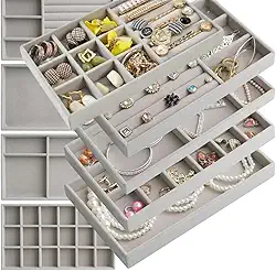 Kit 6 Bandejas Para Jóias Bijuterias Organizadores de Gaveta Com Divisorias Veludo Pu (Cinza)